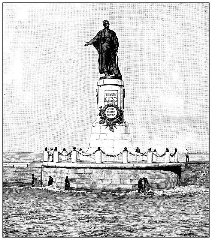 古董插图:费迪南德・德・雷塞普斯纪念碑，塞得港
