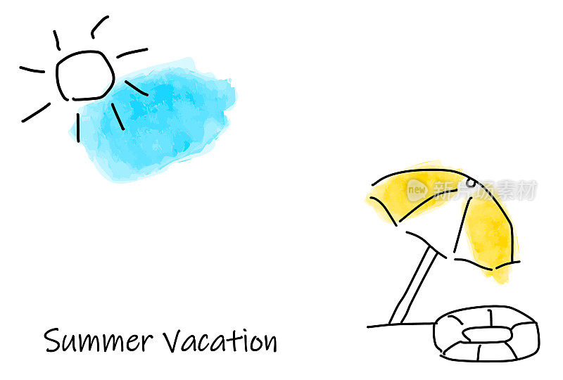 沙滩阳伞和太阳手绘插画框