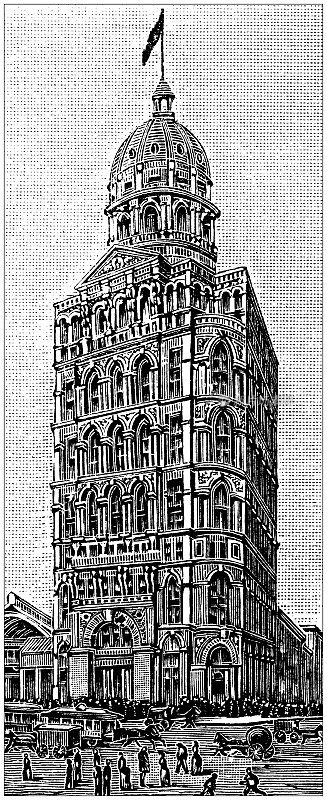美国古董插画，纽约地标和公司:纽约，“世界”大厦