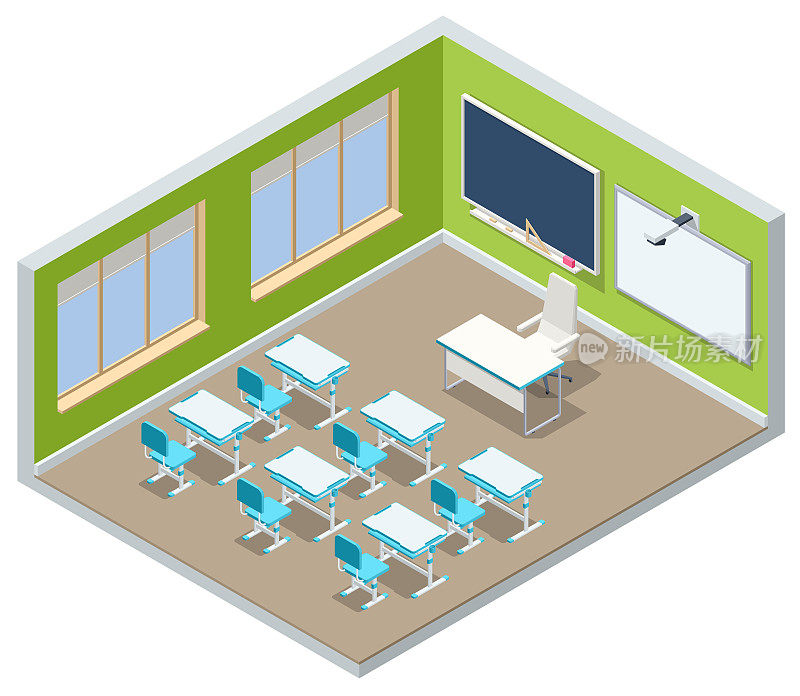 等距空教室。教育。教室设计有现代的桌椅和黑板。回到学校的概念。