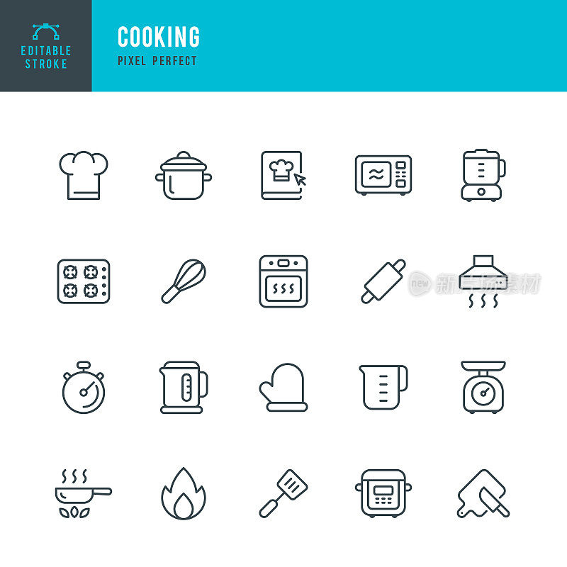 烹饪线矢量图标设置。像素完美。可编辑的中风。这套套装包括厨师帽，食谱，烤箱，炉子，烹饪锅，炖锅，搅拌机，多锅，水壶，微波炉，打蛋器，擀面杖，锅铲，砧板，菜刀，厨房Hoo