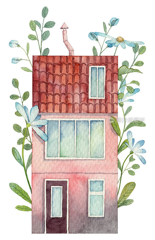 可爱的盛开的房子孤立在白色背景。水彩手绘红色小房子前视图大窗户和不断生长的绿色植物和鲜花。
