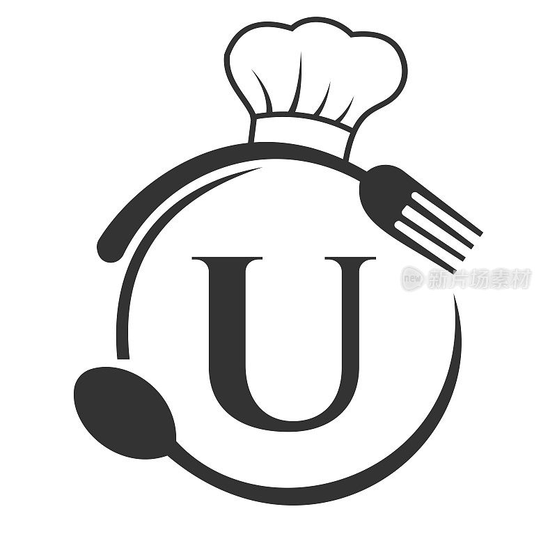 餐厅标志，餐厅标志在字母u厨师帽子，勺子和叉子餐厅符号向量模板