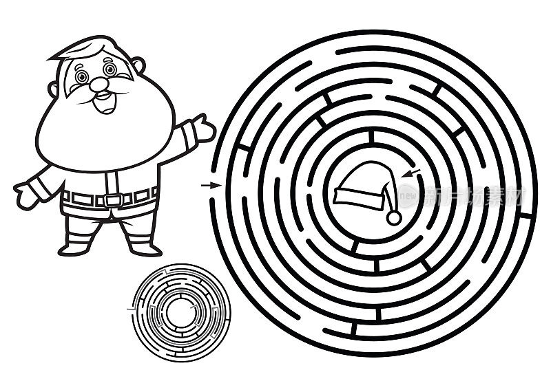 黑与白，儿童迷宫益智游戏。圣诞老人和帽子
