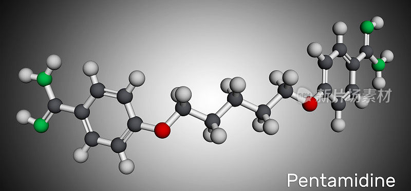 喷他脒分子。它是一种抗菌、抗真菌的药物。用于治疗感染HIV的肺囊虫肺炎患者。分子模型。