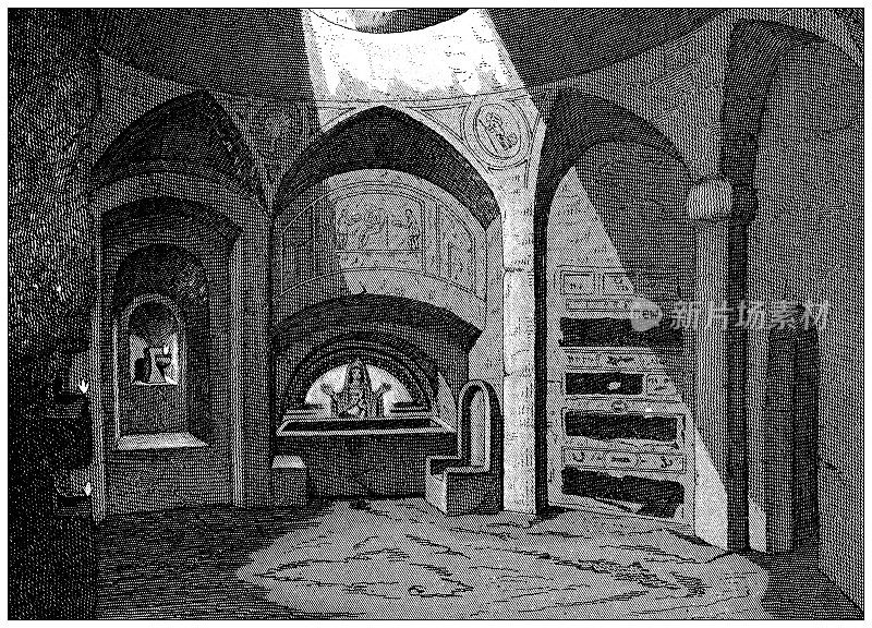 古董雕刻插图，文明:宗教仪式，罗马地下墓穴的小隔间