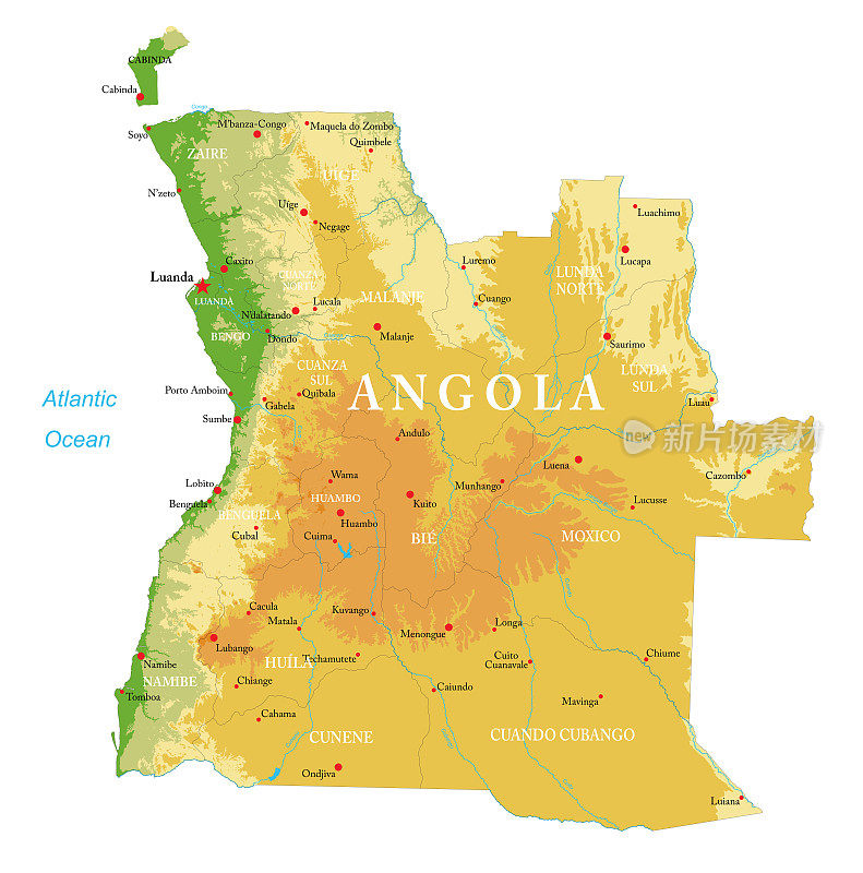 安哥拉非常详细的实物地图