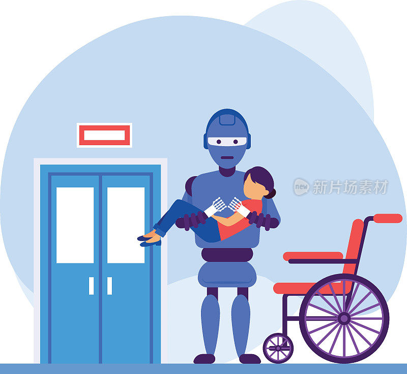 移动病人到轮椅概念，康复室场景矢量图标设计，机器人医学符号，医疗保健场景标志，创新人工智能作品在现代诊所库存
