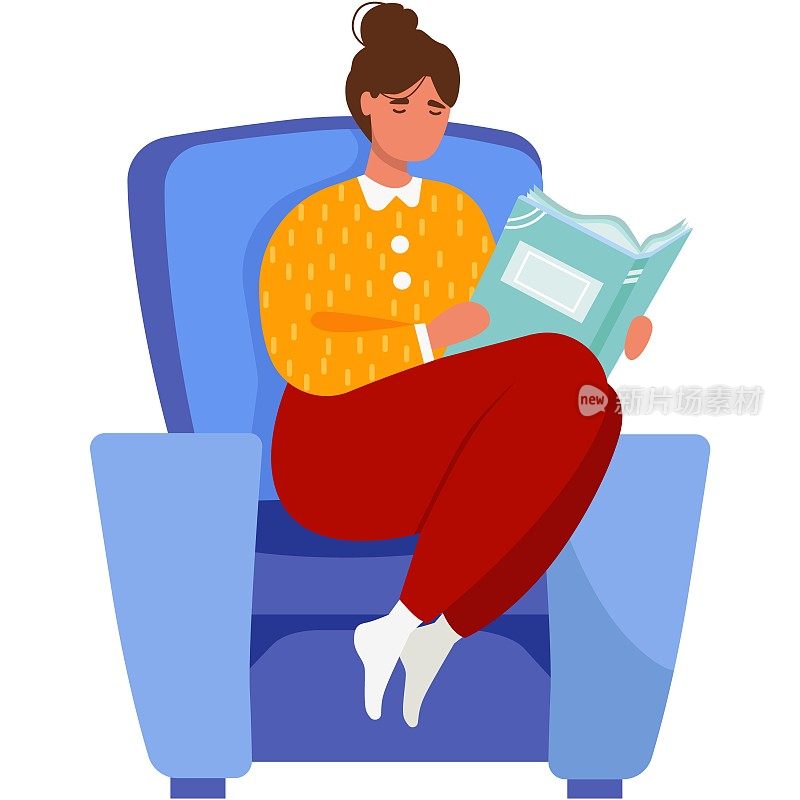 女人坐在扶手椅上看书矢量图标