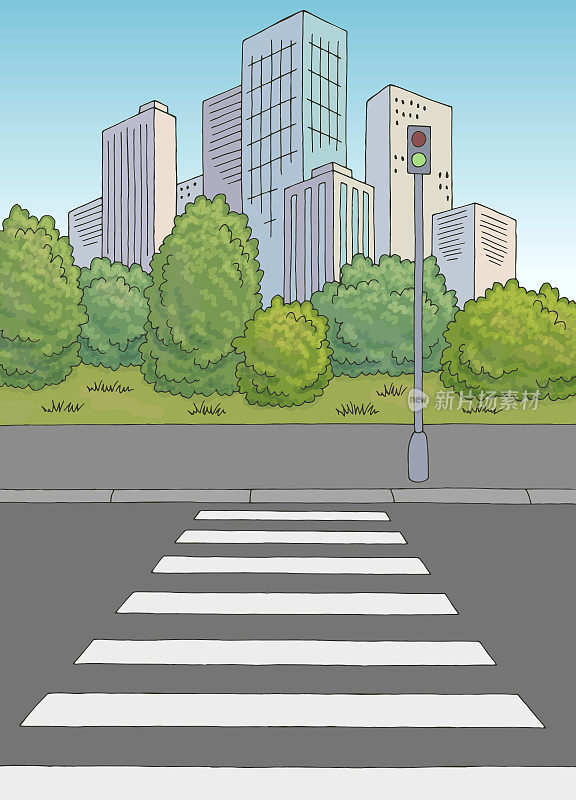 人行横道街道道路图形彩色城市垂直景观素描插图矢量