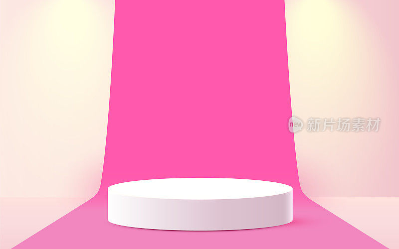 抽象的场景背景。圆筒讲台上的粉红色背景。产品展示，模型，化妆产品展示，讲台，台座或平台。