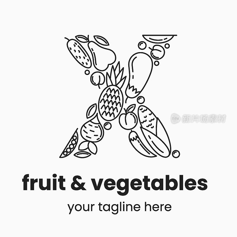 字母X由水果和蔬菜制成。有机食品标志概念。