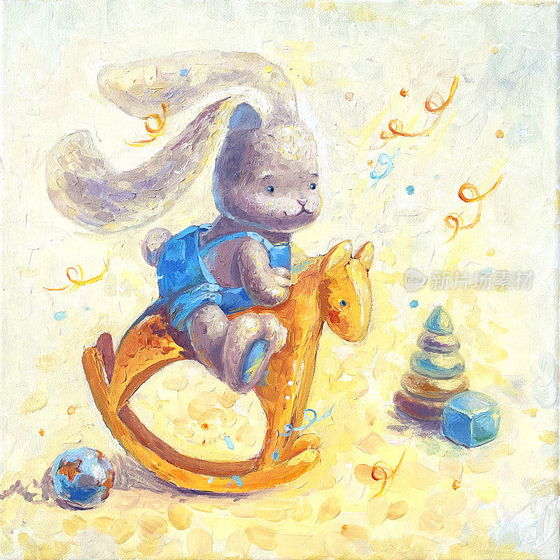 快乐的小兔子骑在摇摆木马上。一幅幼儿园的艺术画，以幼儿园为背景。儿童、新生儿的油画布。穿着蓝色工作服的可爱兔子在玩耍，海报