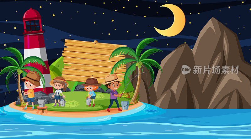 孩子们在度假的海滩夜景用一个空的木制横幅模板