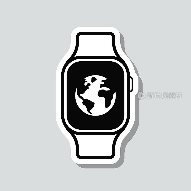 Smartwatch与地球。图标贴纸在灰色背景