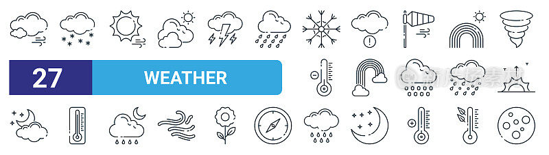 一套27概述网页天气图标，如风，降雪，太阳，天气警报，彩虹，温度，倾盆大雨，满月矢量细线图标为网页设计，移动应用程序。