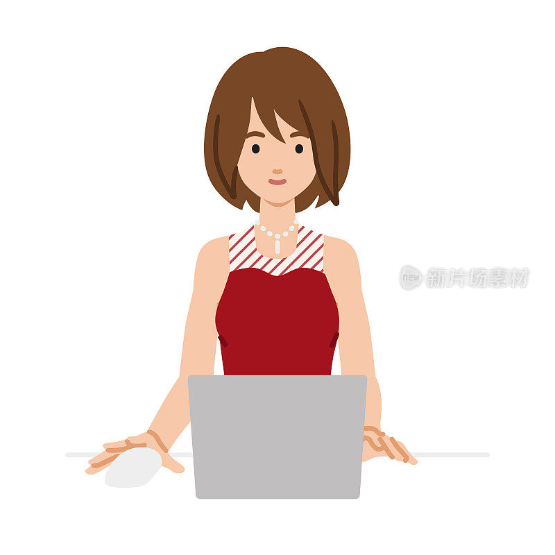 一个穿着衣服的女人在她的桌子上使用笔记本电脑