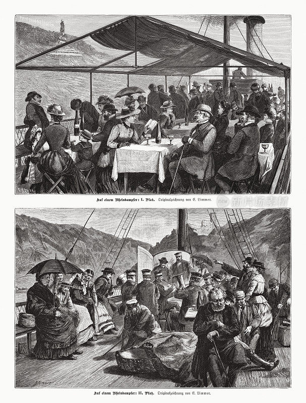 在德国莱茵河的轮船上，木刻版画，1885年出版