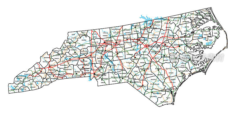 北卡罗莱纳州公路和高速公路地图。矢量插图。
