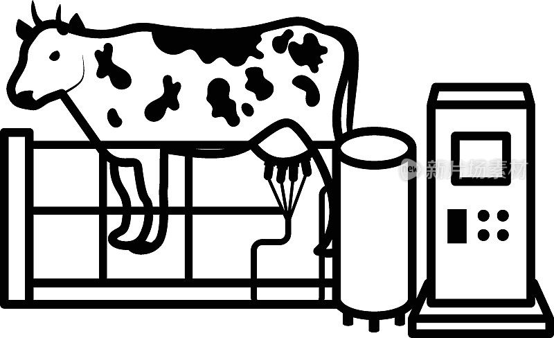 机器人挤奶机概念，农业设备矢量图标设计，干酪栽培符号，奶酪生产工厂标志，乳制品和食品保存过程库存说明