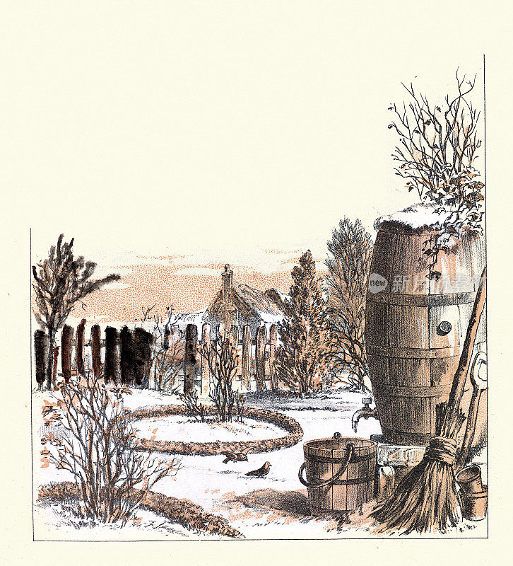 白雪覆盖的冬日花园中的鸟儿，木制水桶，桶扫帚，十九世纪维多利亚艺术