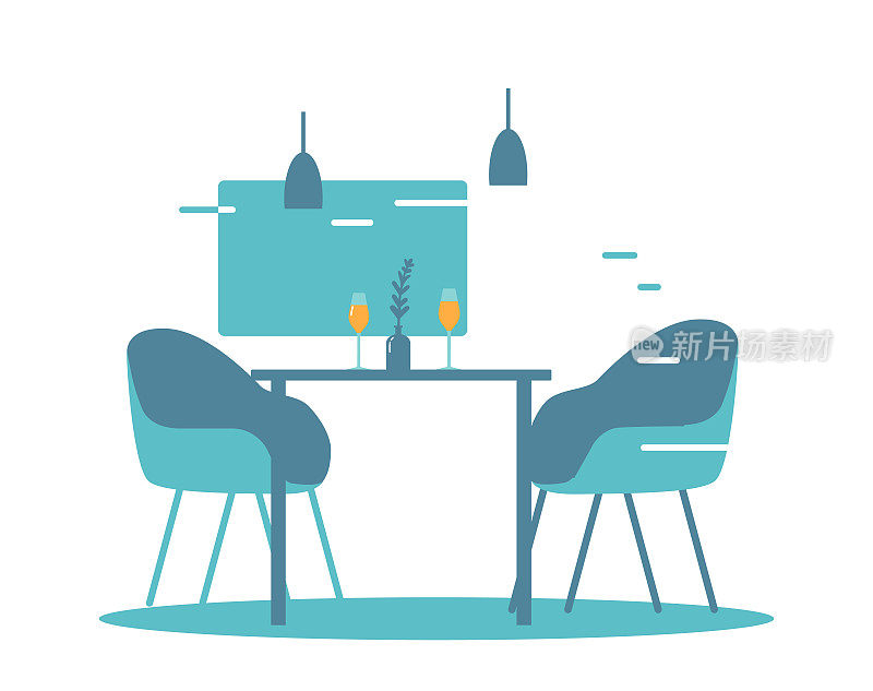 餐厅或家庭内部与桌子，椅子和酒杯，照明和家具的舒适的地方