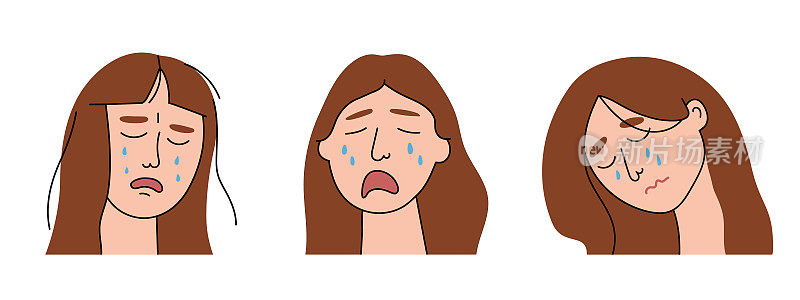 悲伤的女人因痛苦和悲伤而哭泣。哭泣的少女平面人物流下的眼泪，表达了不幸和绝望的情感。