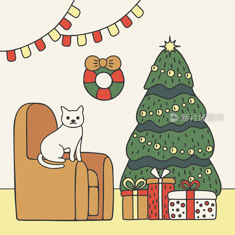 房子客厅，猫坐在扶手椅上和圣诞树，室内装饰圣诞假期。屋子里摆满了礼物。寒假贺卡。矢量图