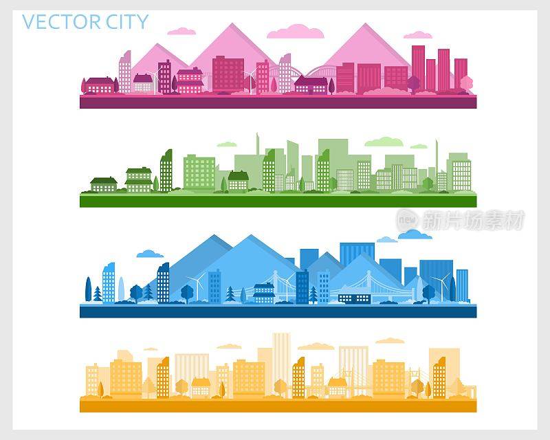 城市景观，不同颜色的山。郊区的房子和摩天大楼。城市的观点。