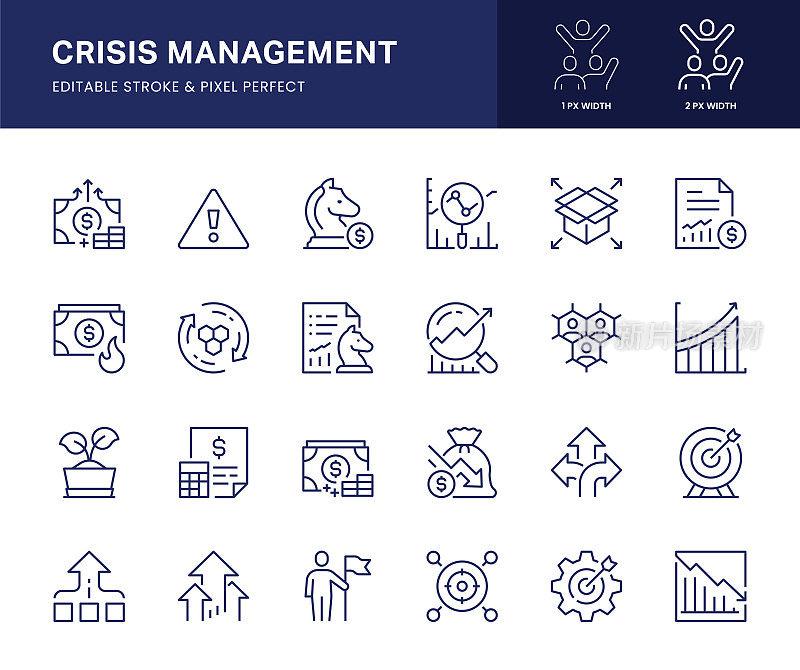 危机管理线图标。这个图标集包括风险管理，财务规划，资本损失，市场变化等。