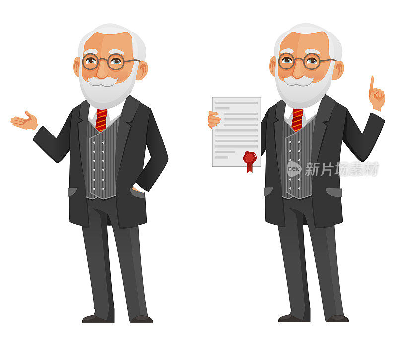 有趣的卡通插图，一个穿着优雅的黑色西装的老人，手势或拿着一份有红色印章的合同
