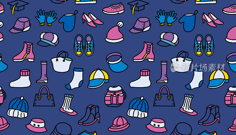 一个蓝色的背景与各种物品，如鞋，帽子，手套和包。