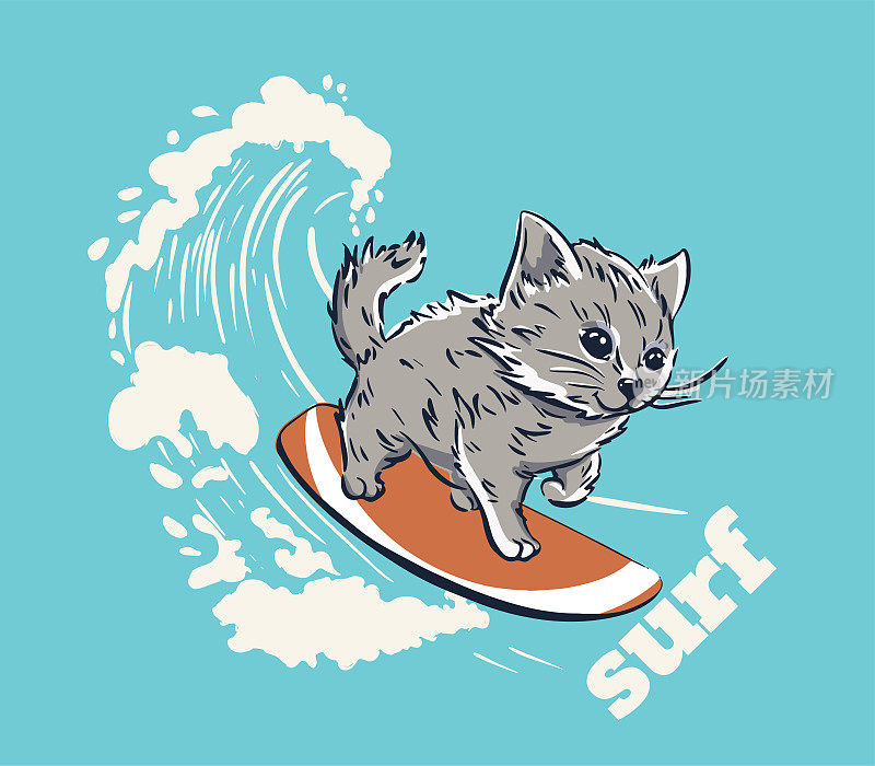 可爱的小猫冲浪凉爽的夏季t恤印花。猫在大浪上骑冲浪板。