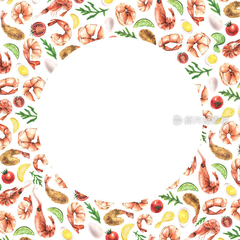 圆形框架空模板与白色背景的文字，信息与虾，绿色，蔬菜和鸡蛋。水彩插图手绘。菜单，食谱，烹饪。