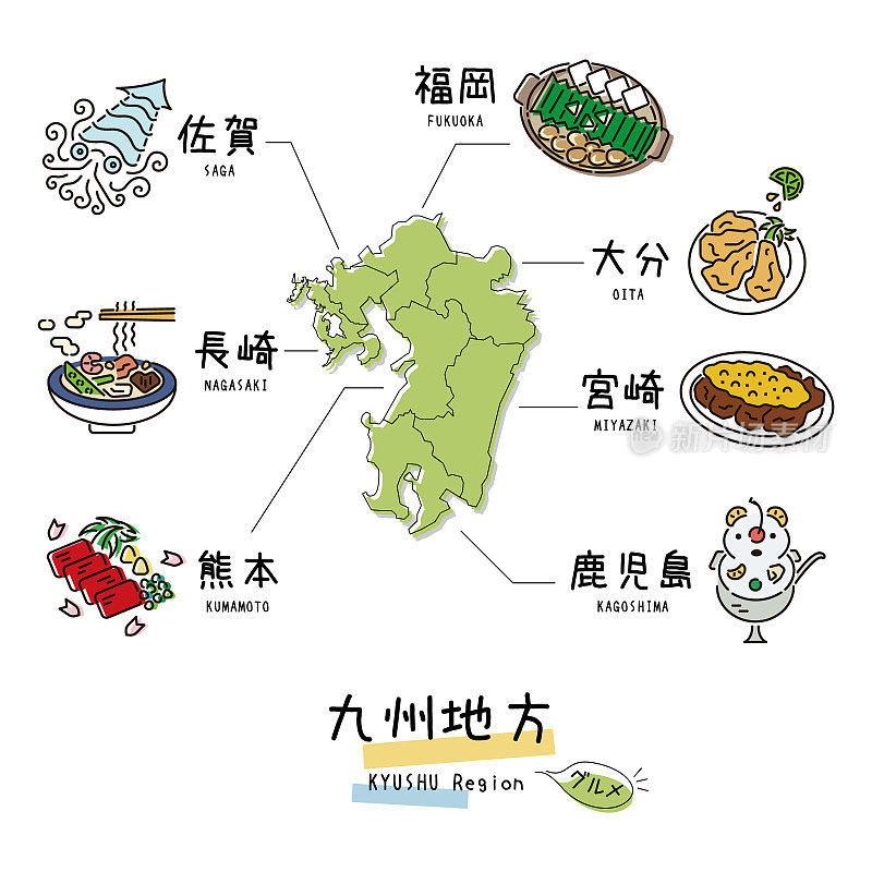 日本九州地区美食旅游与地图，图标集(线描)