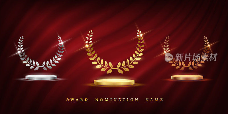 金、银、铜奖标志与领奖台和月桂花环隔离在红色的挥手幕布背景。矢量奖奖杯设计模板