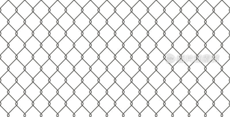 现实金属丝链环围栏无缝模式。钢格具有菱形、菱形。网格栅栏背景。监狱钢丝网无缝质感。白色背景上的矢量插图