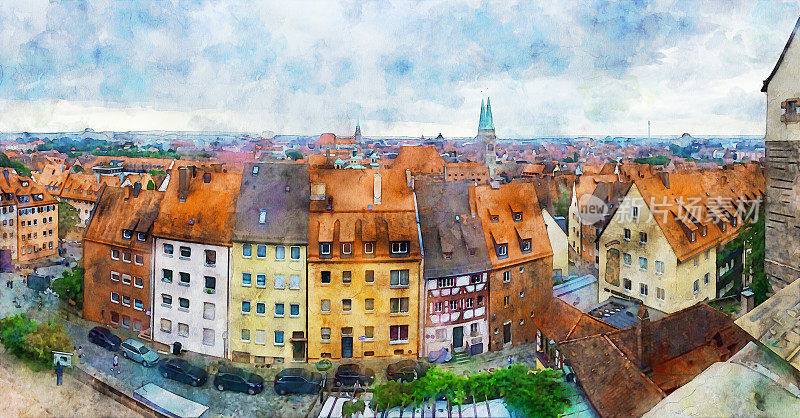 德国巴伐利亚州纽伦堡风景如画的中世纪部分全景。水彩画。