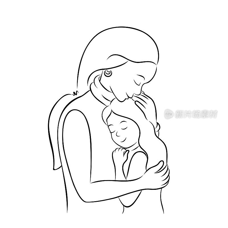 可爱的妈妈抱着她的小女儿。妈妈拥抱着她的孩子。母亲的概念。国际母亲节。矢量轮廓插图素描手绘风格