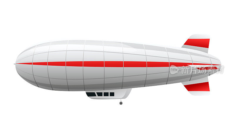 有红线的飞艇，侧视图孤立在白色背景上。航空飞机飞行运输图标。未来的乘客交通工具。概念航空公司现代设计图纸。矢量图