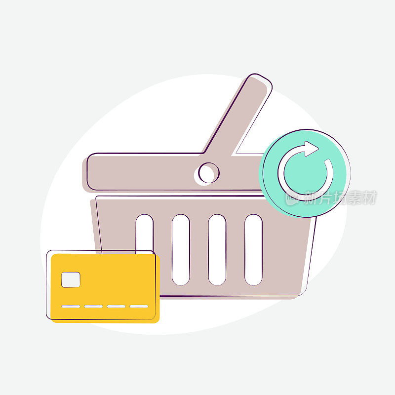 使用支付处理工具优化电子商务结账流程。圆形箭头和银行卡图标表示无缝重复、延续和完成购物订单。弃车概念