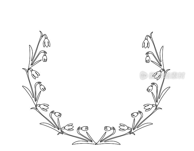 雪花莲手绘花圈。复古浪漫花卉圆形框架。婚礼请柬，生日花束
