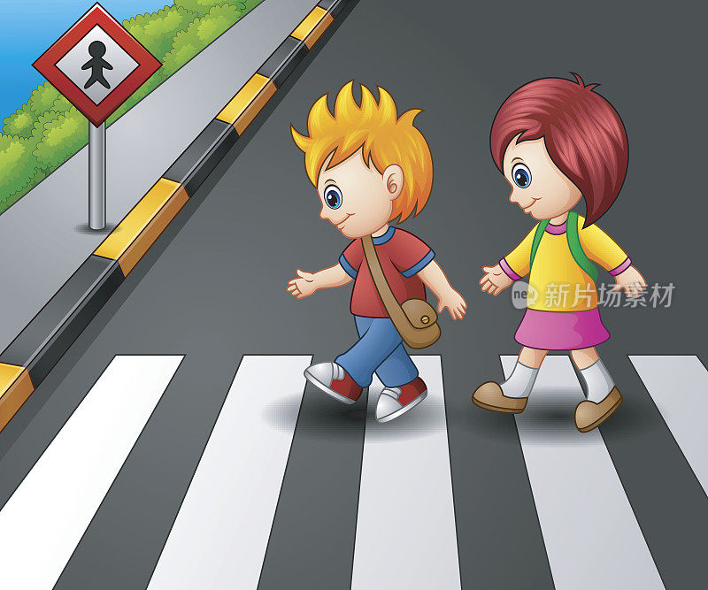 小女孩和小男孩正在过马路
