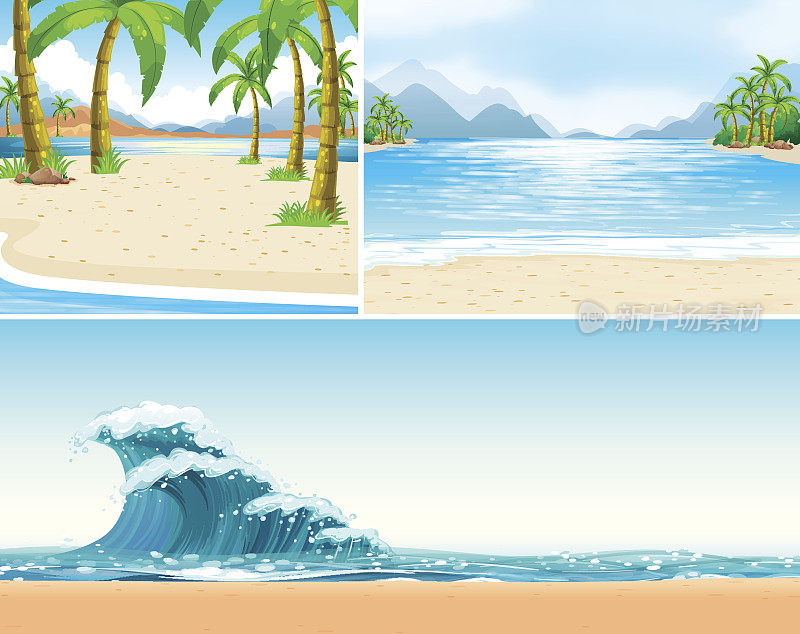 三个场景的海滩和海洋