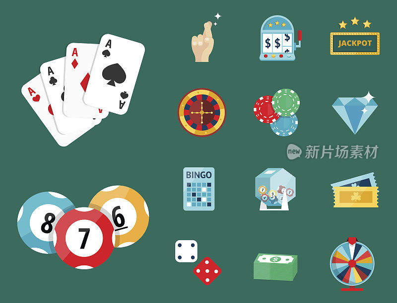 赌场游戏扑克赌徒符号21点纸牌钱赢轮盘赌小丑矢量插图