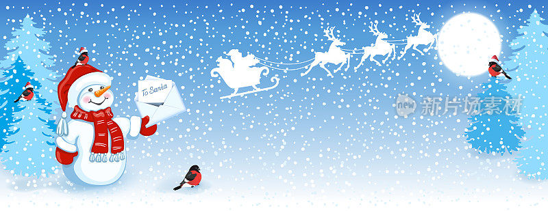 圣诞贺卡与滑稽的雪人在圣诞帽与圣诞信为圣诞老人在冬季森林的背景下，圣诞老人在雪橇与驯鹿队在天空中飞行