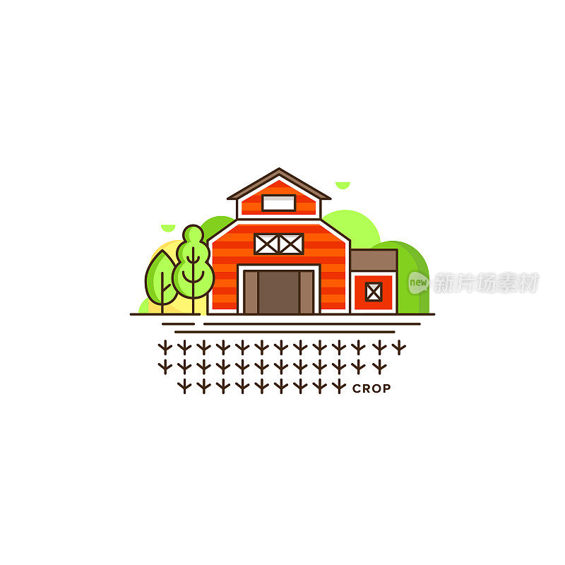 农场谷仓线图标与发芽地与芽矢量插图孤立在白色背景。生态农业图标，标志在平面设计，农场的概念与房子和景观，线性风格