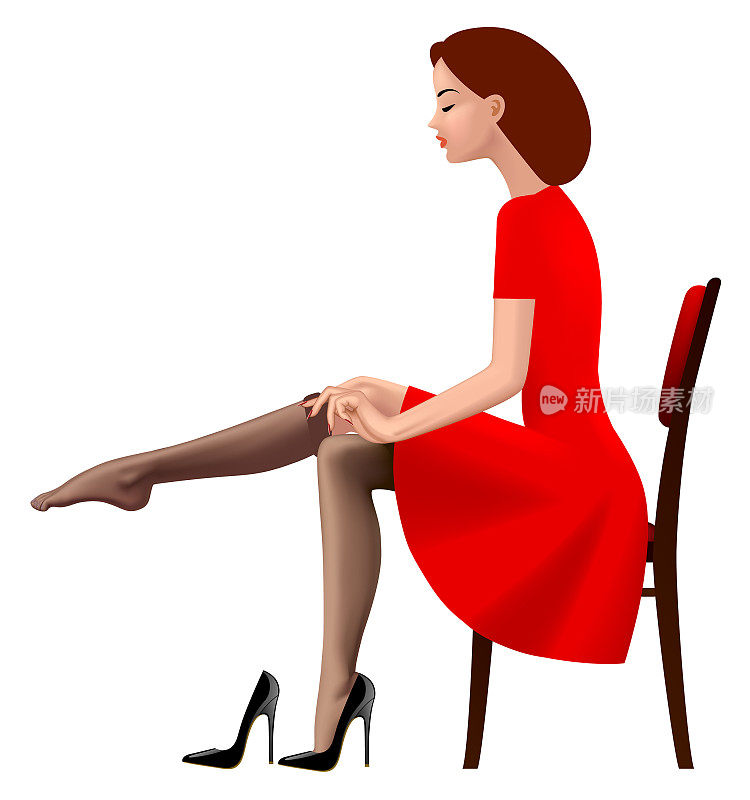 穿红色复古连衣裙的女人穿上长筒袜