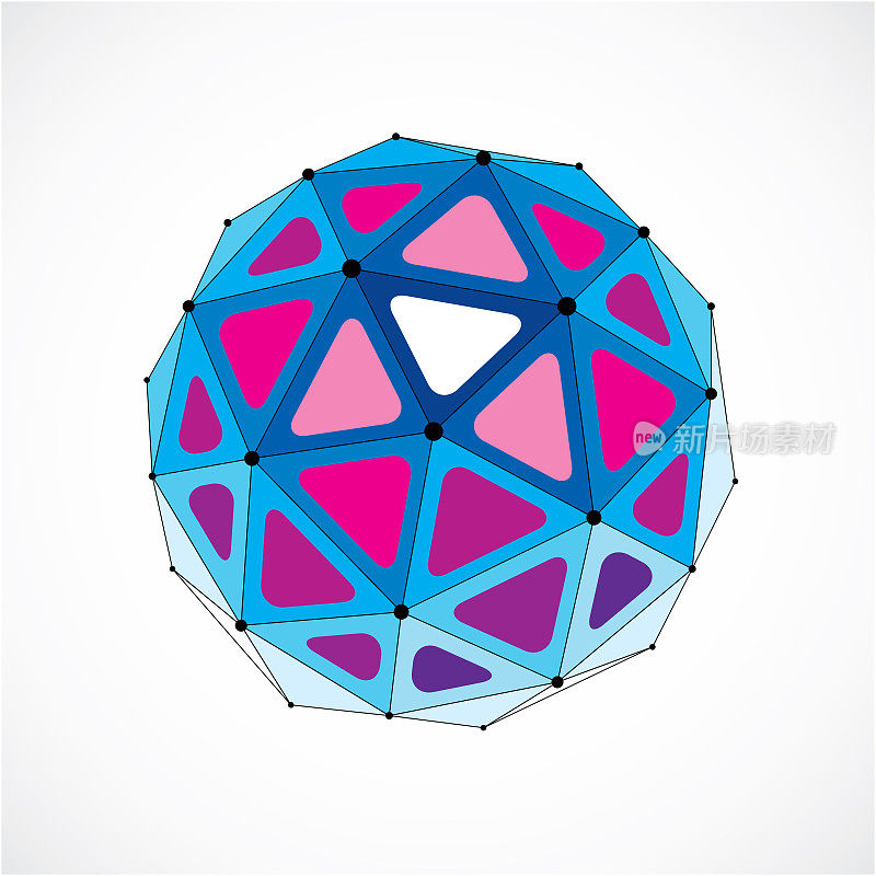 向量维线框低多边形对象，紫色球形与黑色网格。采用三角形切面制作三维网格单元，作为工程设计形式。