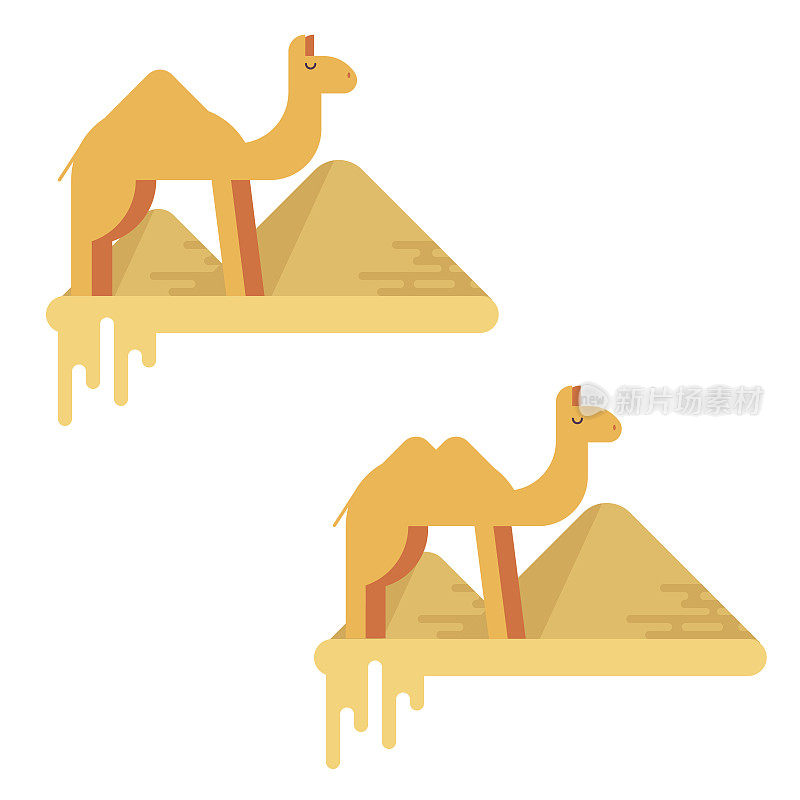 吉萨金字塔背景上的两头骆驼。平面设计说明